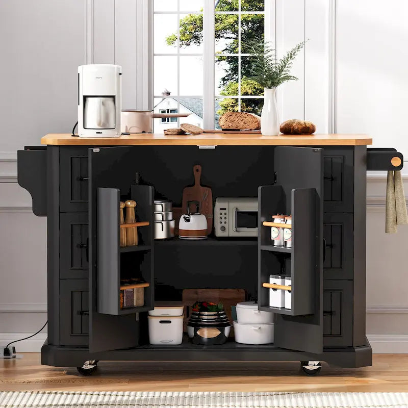 Expandable Drop-Leaf Kitchen Island, Kitchen Cart on 4 Wheels with Power Outlet, Moveable Island Table with 2 Door & 6 Drawers – Image 5