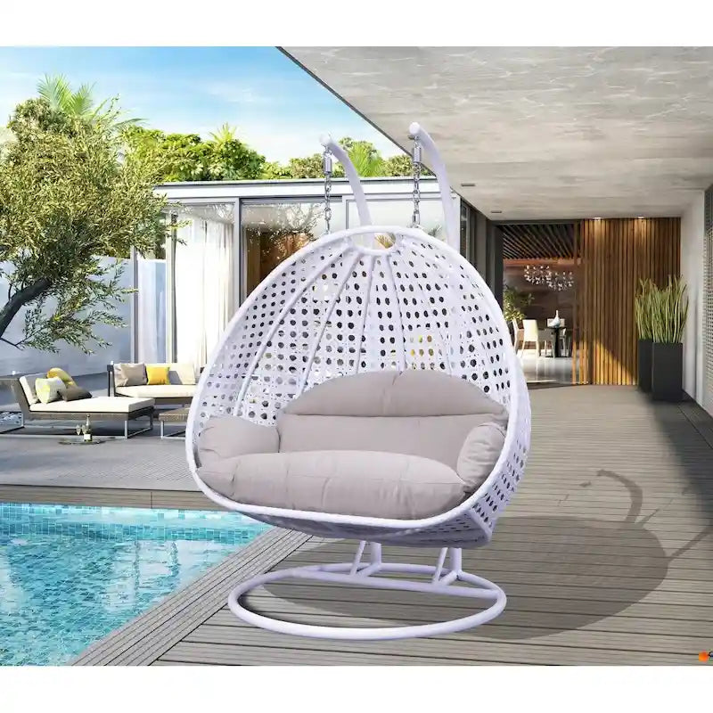 LeisureMod 2 Person Hanging Egg Chair with Stand - Outdoor/Indoor Rattan Wicker Patio Swing Hammock Lounger with Cushions – Image 8