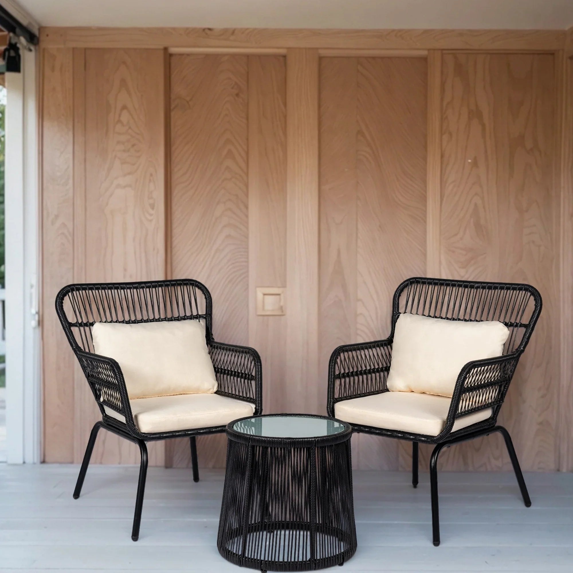 3 Piece Outdoor Wicker Conversation Bistro Set, All-Weather Rattan Furniture Patio Chairs Set with Cushions – Image 30