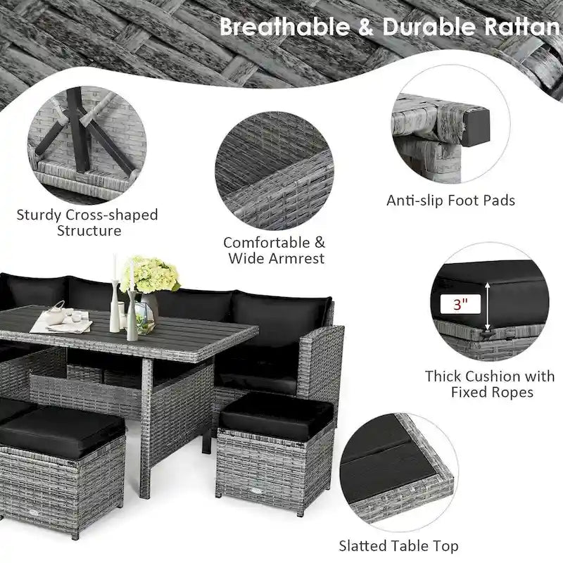 7 Pcs All-Weather Patio Rattan Dining Furniture Sectional Sofa Set with Wicker Ottoman and Cushed Couch – Image 17