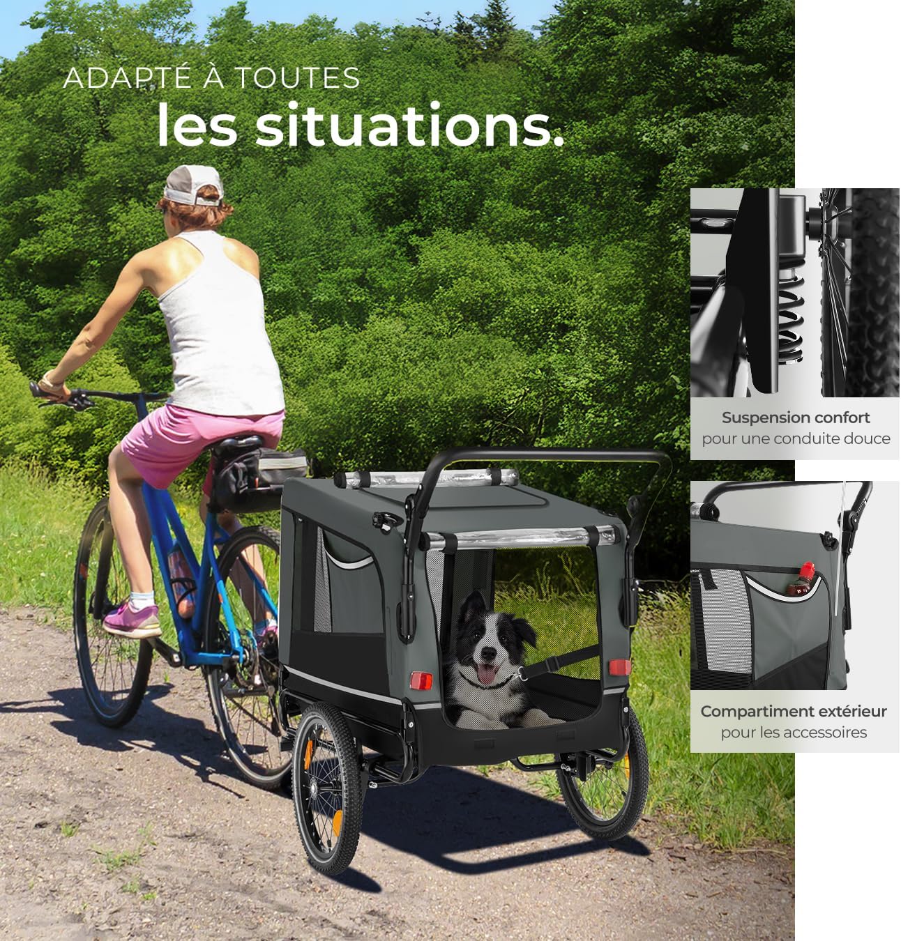 tectake® Remorque Velo Chien 3 en 1 Pliable avec Reflecteurs, Drapeau, Remorques Vélo pour Chiens Aussi comme Poussette Chien Animaux de Compagnie de Taille Moyenne Charge Maximale 40 kg – Image 4