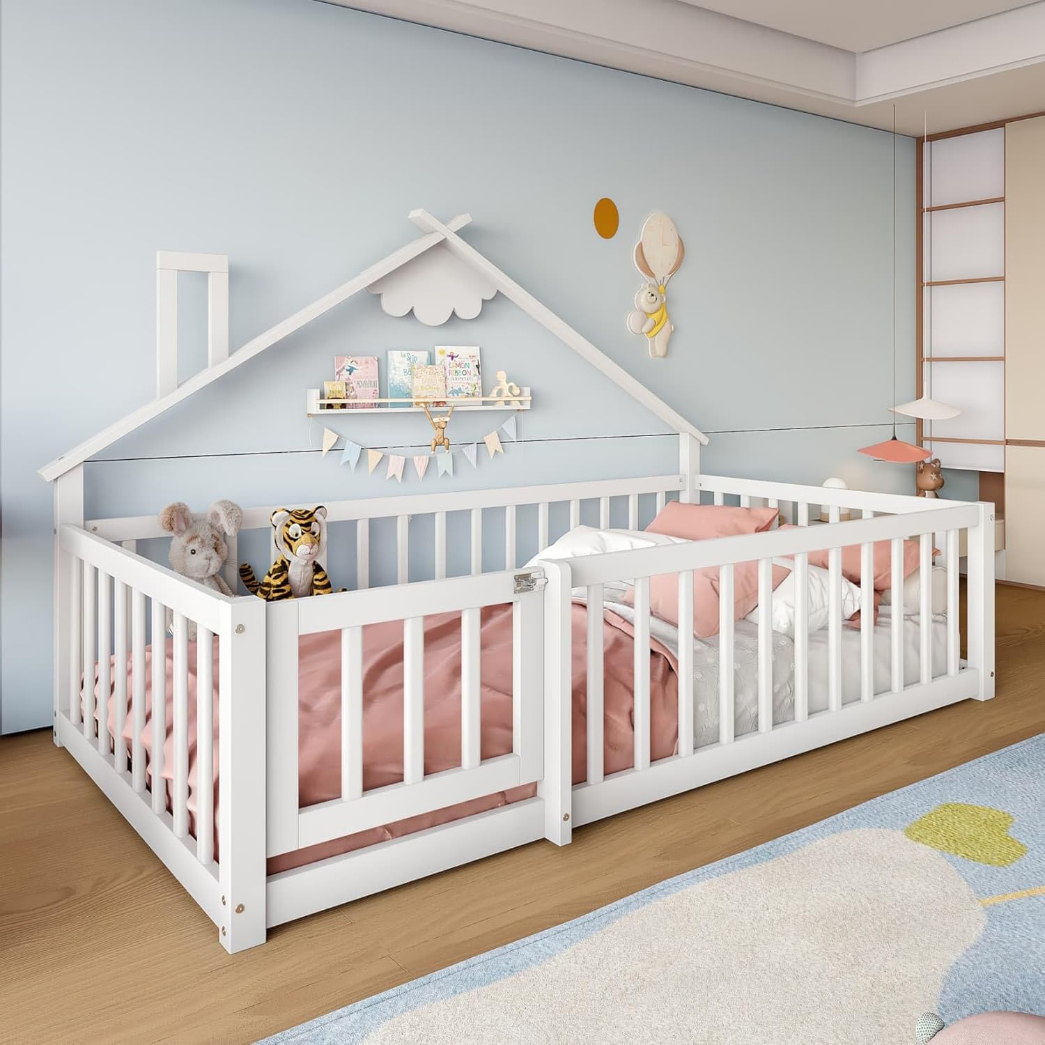 Lit Au Sol Enfant 140x190cm,Lit Cabane Enfant Montessori avec Design Cabine Distinctif,Porte,Barrières Hautes,Sommier à Lattes Solide,pour Enfants,Pin (A-Blanc, 90x190) – Image 4
