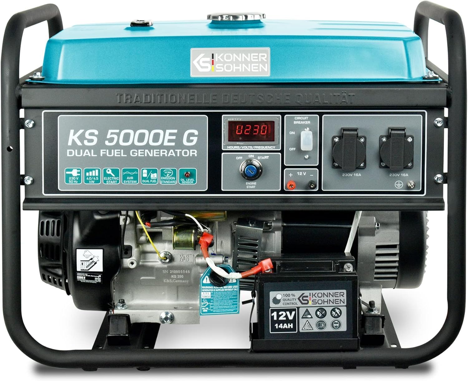 Groupe électrogène à essence/gaz KS 5000E G Könner & Söhnen, puissance maximale 4500W, démarrage manuel/électrique, prises 2x16A, 12 V, régulateur de tension automatique (AVR), affichage LED. – Image 9