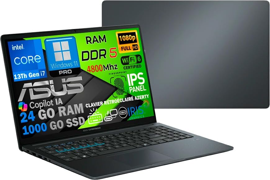 Ordinateur PortableCore i7 13ᵉ Gén 10 Cœurs, RAM 24Go DDR5, SSD 1To, Écran 15.6 FHD IPS, WiFi 6E, Copilot IA, Webcam 1080p, Clavier AZERTY Rétroéclairé, Empreinte Digitale, Win 11 Pro – Image 2