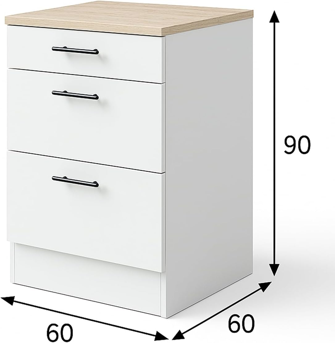 PEGANE Meuble Bas de Cuisine de 3 tiroirs avec Plan de Travail Coloris Blanc Brillant/chêne Canadien - Hauteur 90 x Longueur 60 x Profondeur 60 cm – Image 4