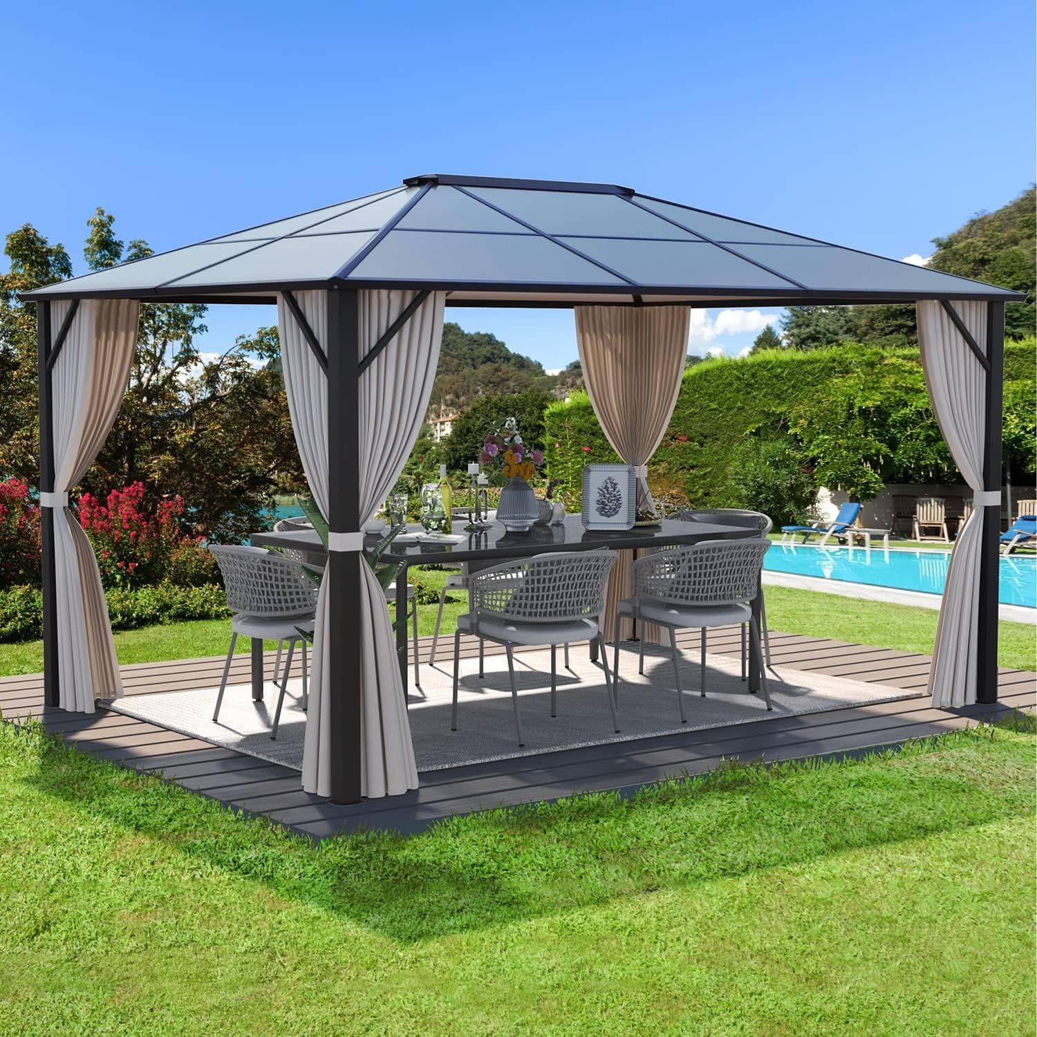 EROMMY Hardtop Gazebo,Outdoor Pergola with Double Roof & Netting & Curtains,Heavy Duty Canopy for Patio, Backyard, Pool party – Image 4