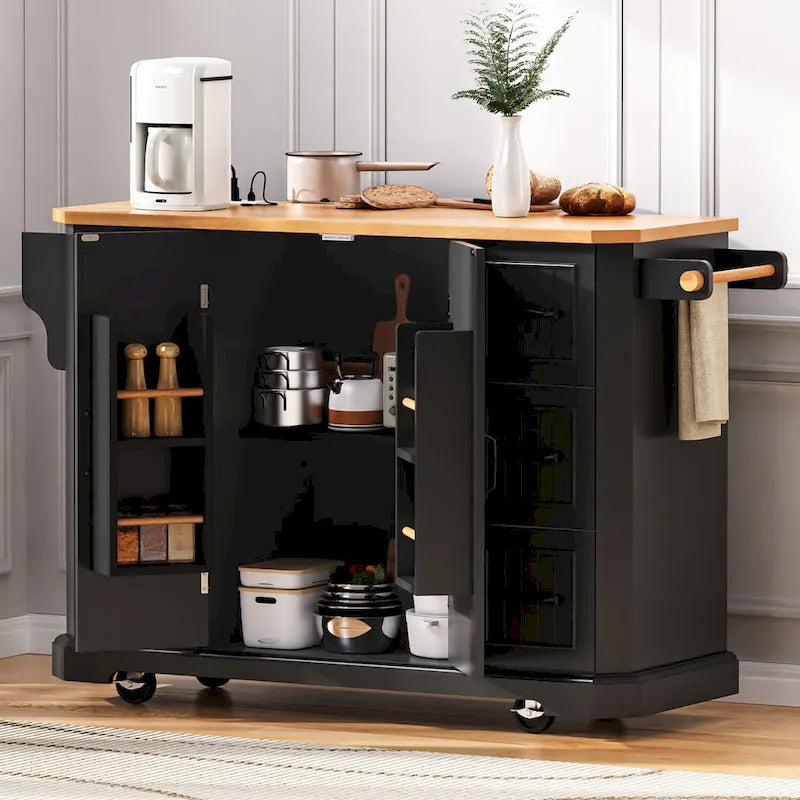 Expandable Drop-Leaf Kitchen Island, Kitchen Cart on 4 Wheels with Power Outlet, Moveable Island Table with 2 Door & 6 Drawers – Image 6
