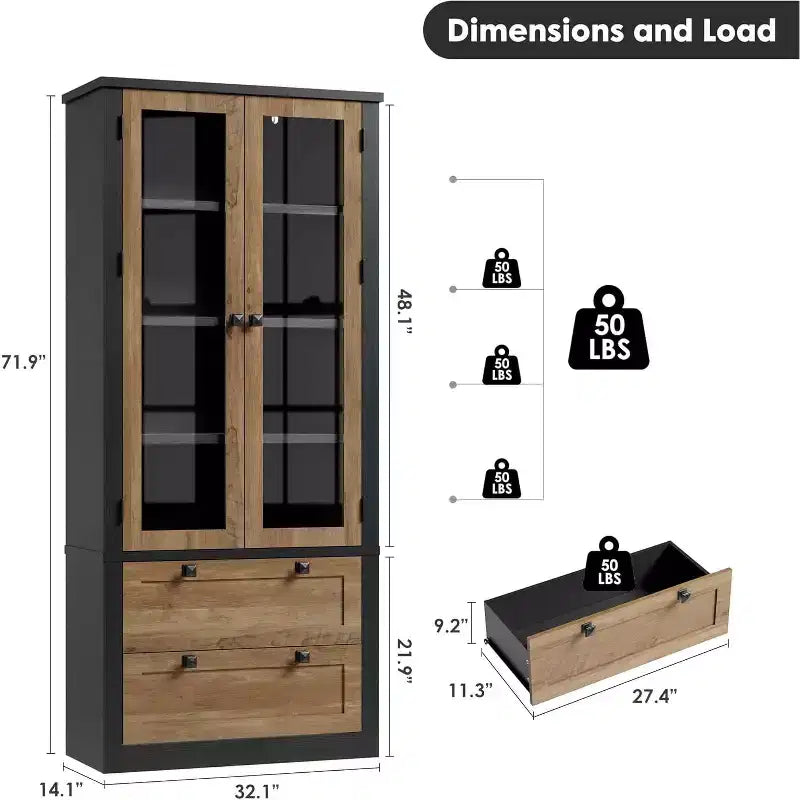 Farmhouse Kitchen Pantry Cabinet with Glass Doors, 72in Storage Cupboard with Drawers and Adjustable Shelves for Dining Room Bathroom Living Room – Image 2