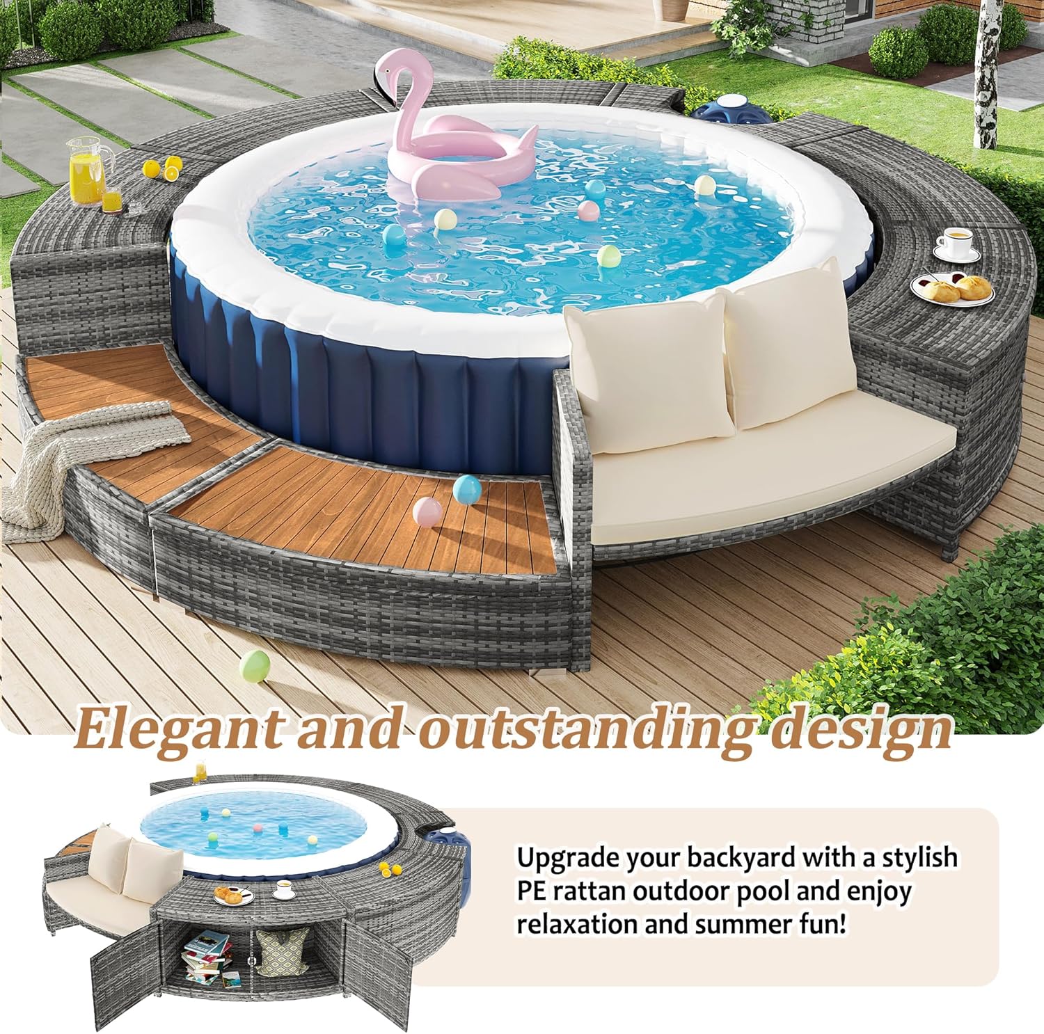 Spa Piscine Salon de Jardin Bordure de Piscine PE Gris Rotin et Bois d'acacia avec Espace de Rangement Salon Salon pour Jacuzzi et Piscine – Image 3