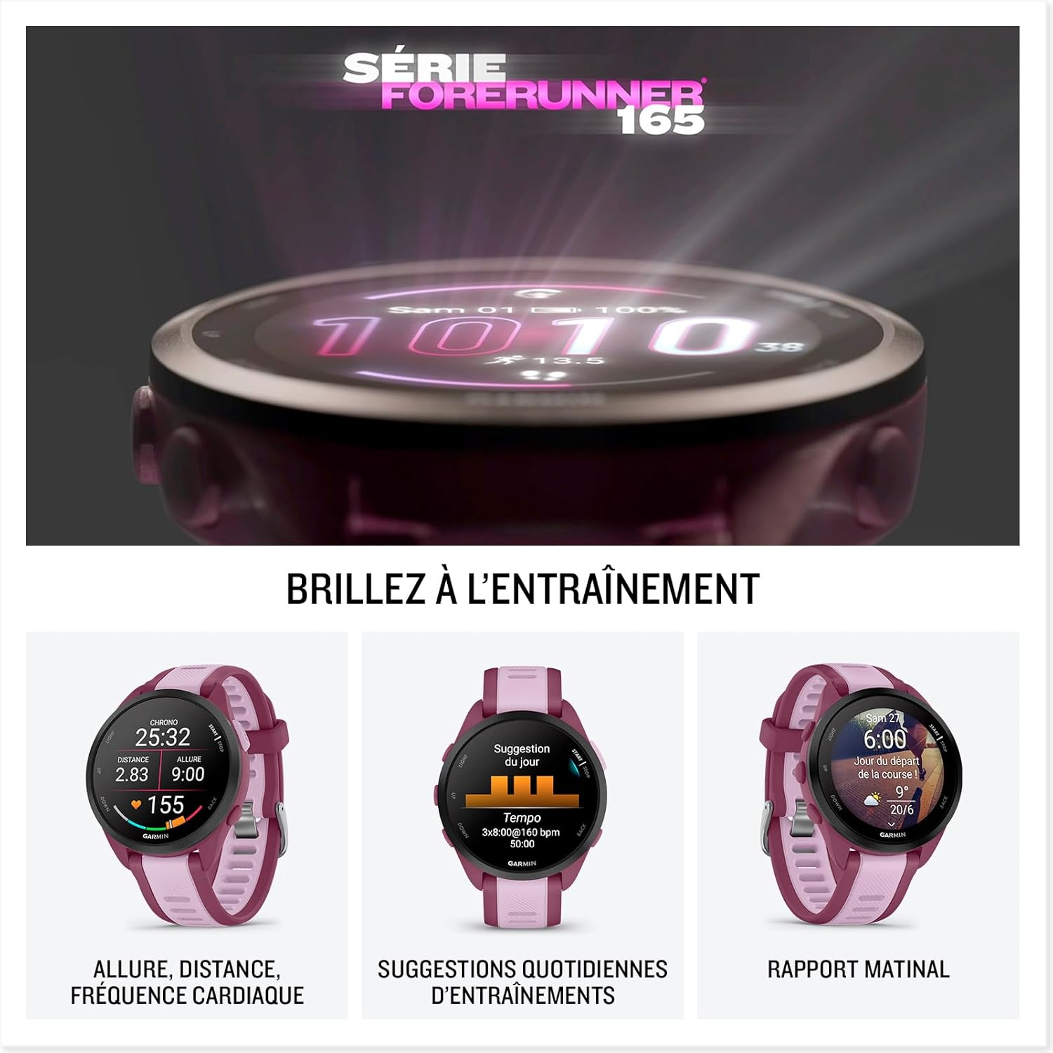 Forerunner 165, Music - Montre GPS connectée de Running avec écran AMOLED – Prune/Lilas (Reconditionné) – Image 2