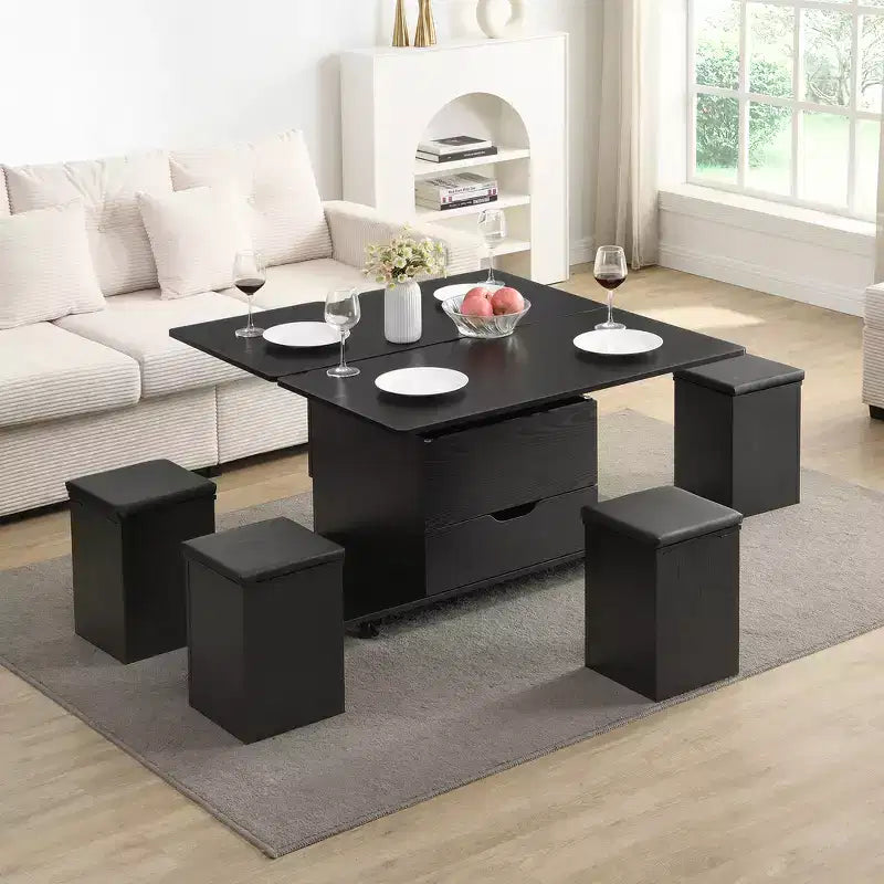 Zeus & Ruta Multi-Function Modern Lift-Top Coffee Table with Hidden Storage, 4 Stools and Casters, Perfect for Modern Living Spaces – Image 6