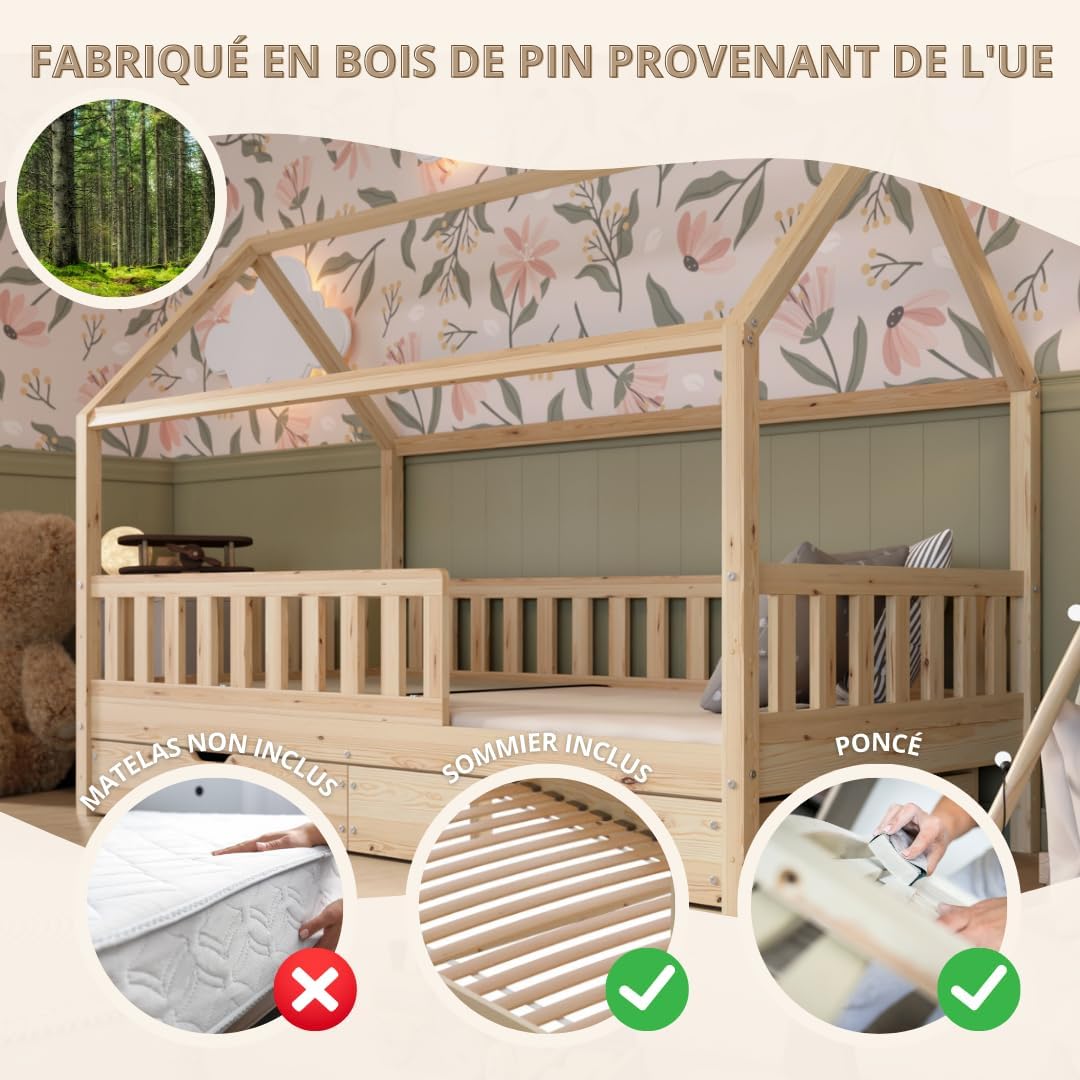 Crazy Blanco Lit de maison avec tiroirs, 90 x 190 cm, en bois naturel, avec protection anti-chute, design scandinave, lit de sol Montessori avec espace de rangement supplémentaire – Image 4