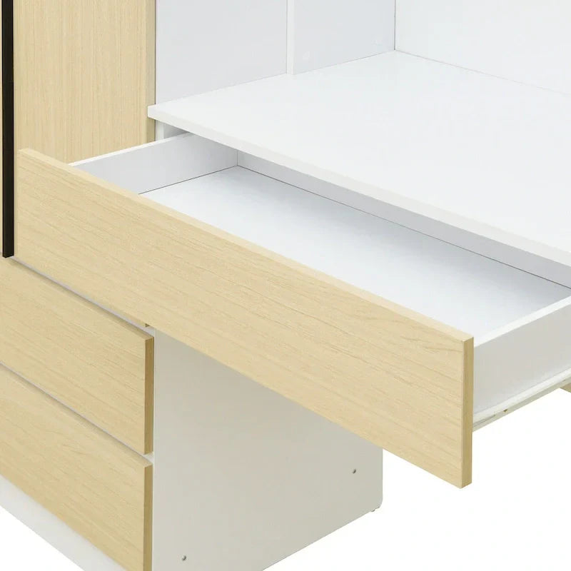 3-in-1 Wardrobe Closet with Vanity Desk, Desk Set, Bedroom Armoire with 2 Drawers 3-Door Storage Desk Wardrobe – Image 2