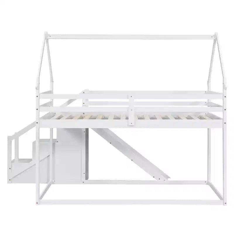 House Bunk Beds with Slide and Storage Stairs, Kids Wood Twin over Twin Bunk Bed with Roof and Stairs for Girls Boys – Image 19