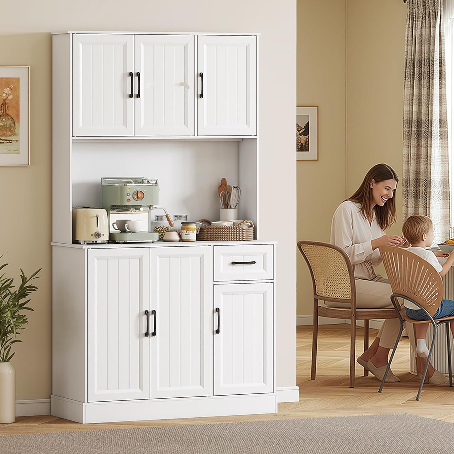 HOMCOM Armoire de cuisine, armoire buffet avec plan de travail, étagères réglables, 6 portes, tiroir, haute garde-manger avec trou de câble, pour cuisine salon salle à manger 100 x 39,5 x – Image 8