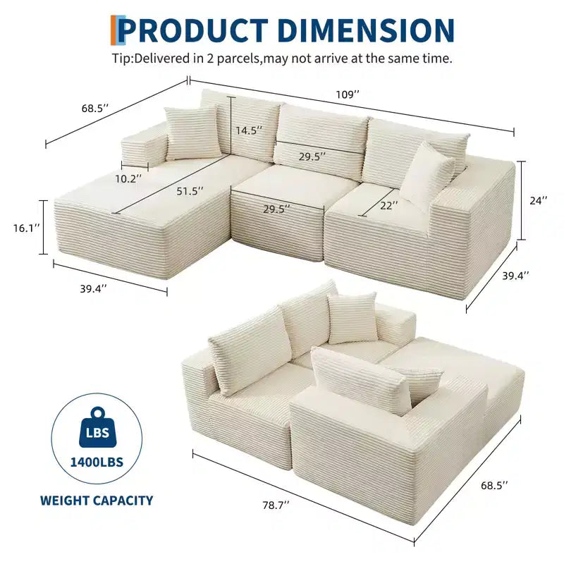 108 Modern Sofa Couch, 3 Seater Upholstered L Shaped Sofa with Pillows, Deep Seat Sofa, No Assembly Required – Image 54