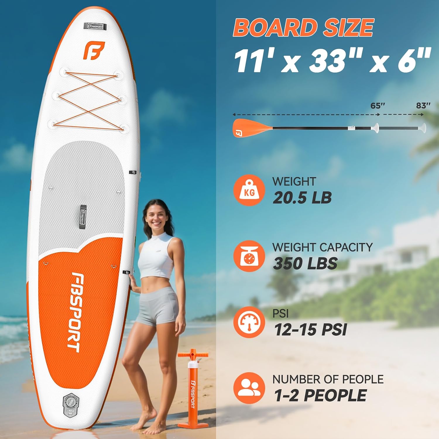 FBSPORT Paddle Gonflable Adulte 335 cm, Planches de Stand Up Paddle, 160kg de Capacité de Charge avec Pont Anti-dérapant, Set Complet avec Pagaie, Pompe, Sup Board pour Yoga, Surf en Voyage – Image 2