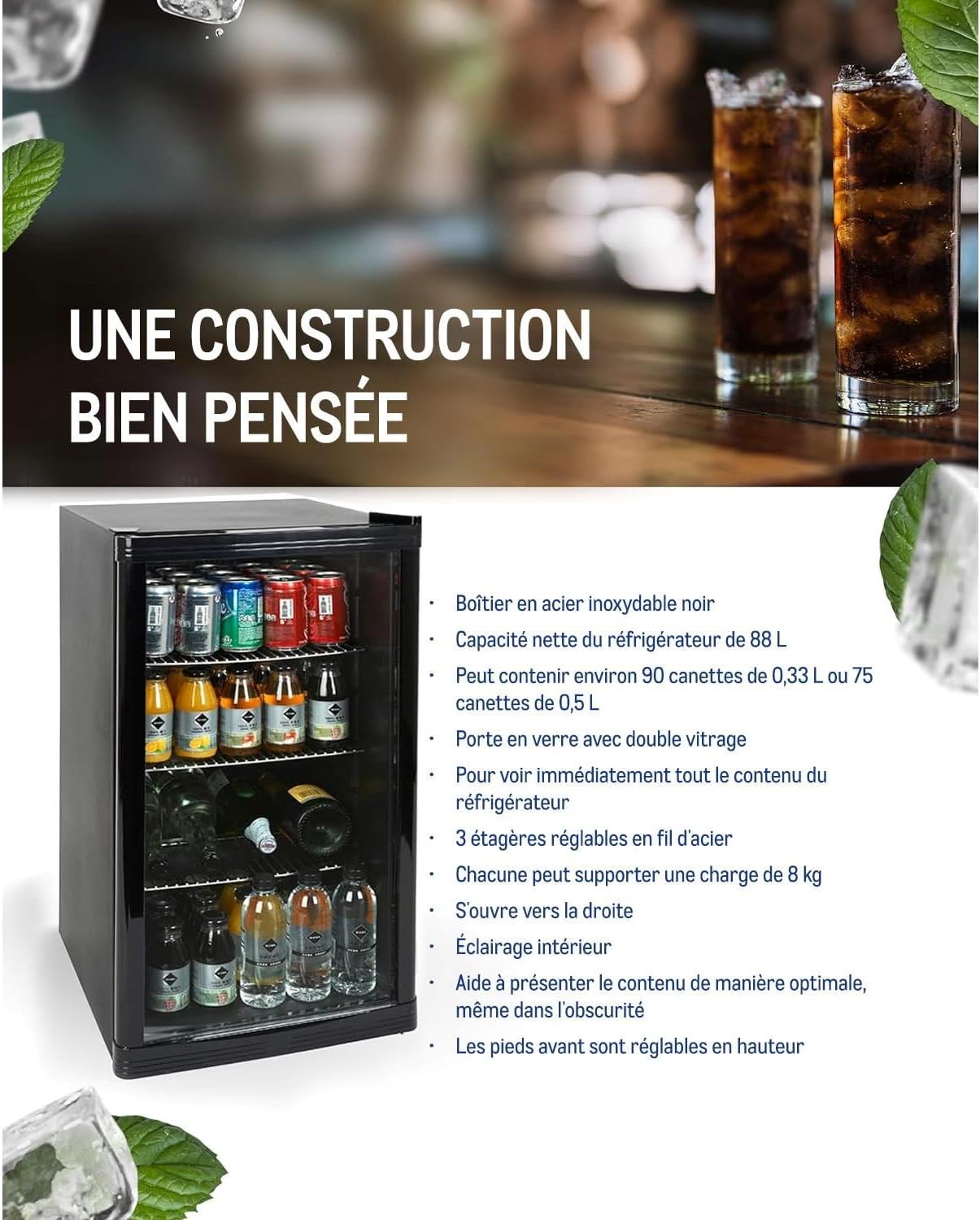 METRO Professional Réfrigérateur à boissons GPC1088, métal/verre, 43 x 49 x 83 cm, 88 L, réfrigération statique, noir – Image 4