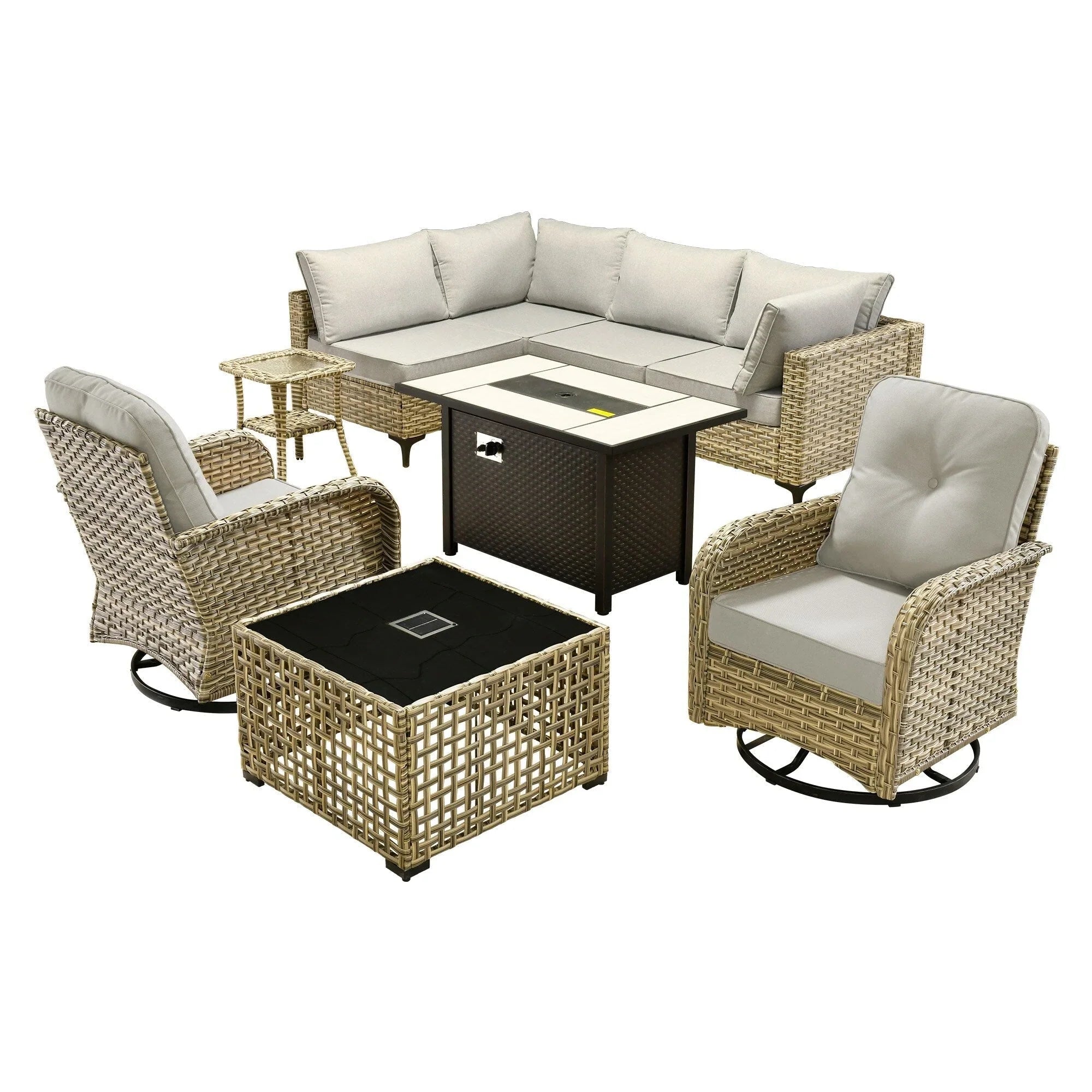 OVIOS 9 Pieces Outdoor Wicker Swivel Chair Set With Fire Table – Image 73