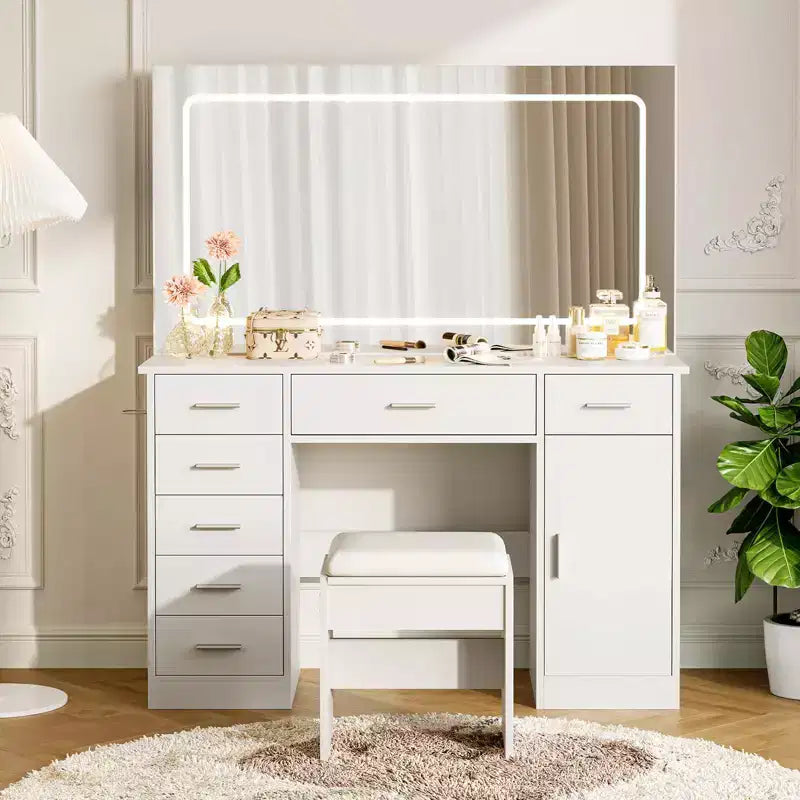Modern Vanity Desk with Large Mirror, 7 Drawers, LED Lights, Chair, 3 Light Modes, Hair Dryer Holder and Charging Station for Bedroom – Image 5