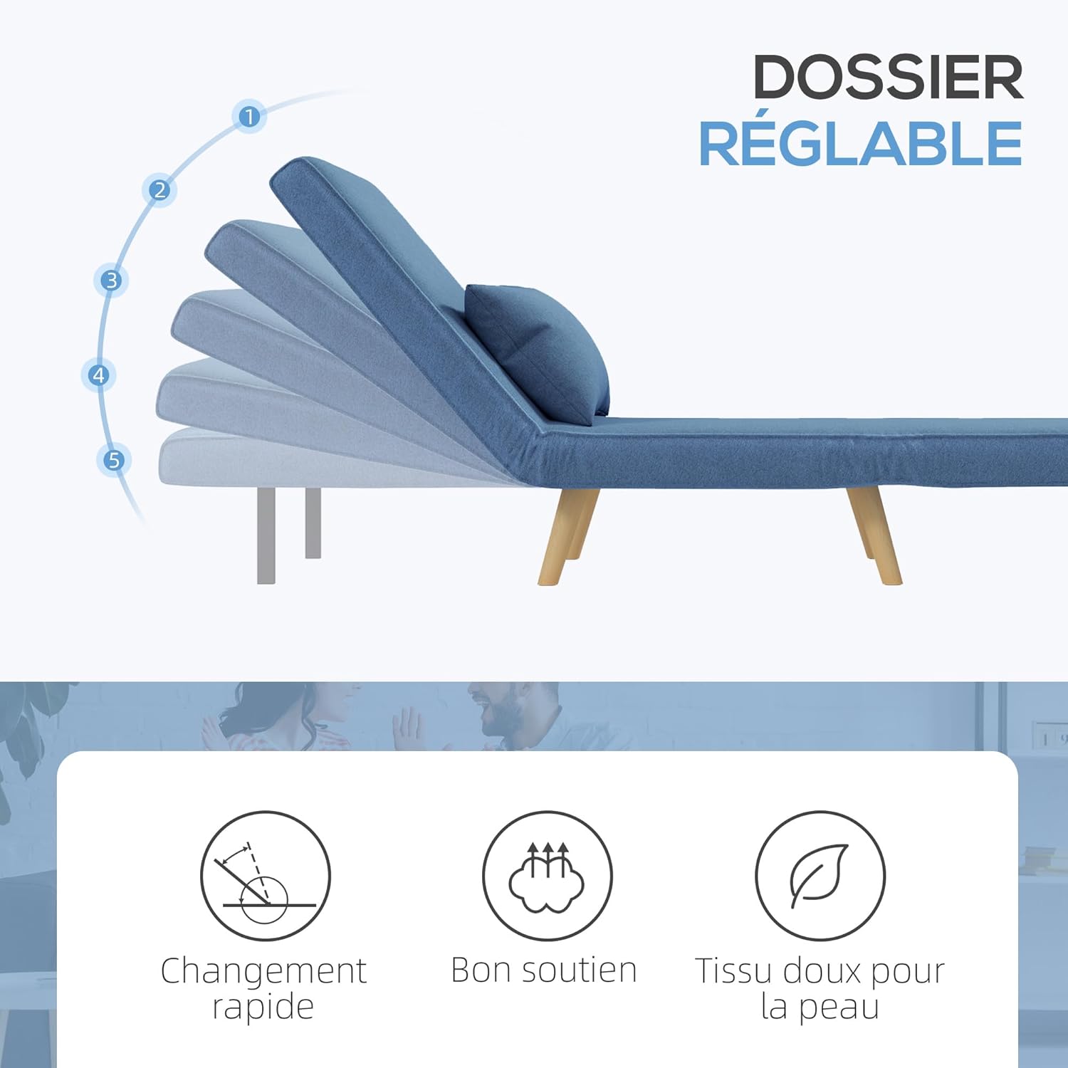 HOMCOM 3 en 1 Fauteuil Convertible 1 Place, Fauteuil lit et chauffeuse - Dossier inclinable 5 Niveaux et Oreiller Inclus, siège rembourré - pour Bureau, Salon, Chambre à Coucher, Bleu – Image 5