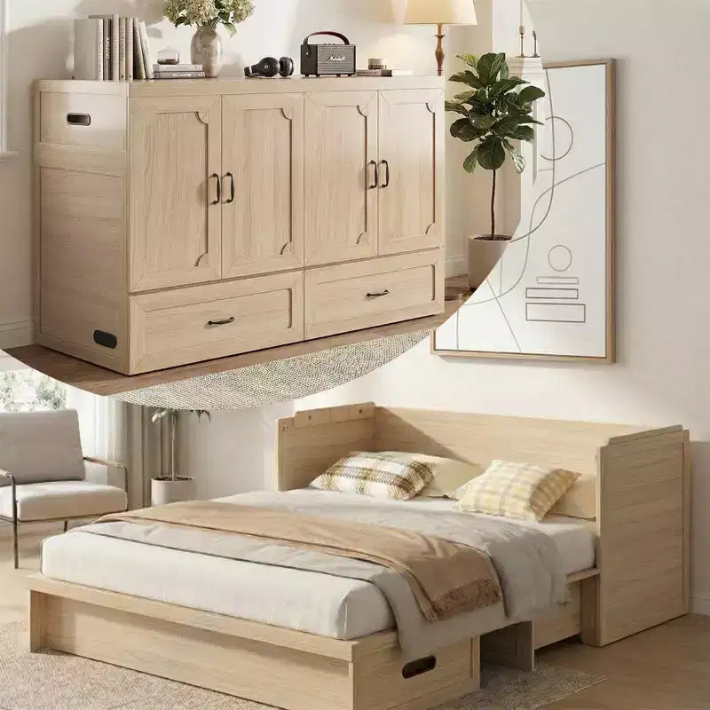 Mjkone Queen Size Convertible Murphy Cabinet Bed with Mattress, USB Charging, Storage Drawers – Image 7