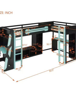 Alternative view of L-Shaped Gaming Loft Bed with Desks, Double Twin Loft Beds with LED Lights, USB Ports, Storage Bookshelves, Wood Corner Loft Bed for 2