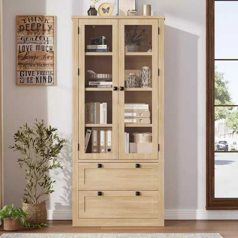 Farmhouse Kitchen Pantry Cabinet with Glass Doors, 72in Storage Cupboard with Drawers and Adjustable Shelves for Dining Room Bathroom Living Room – Image 14