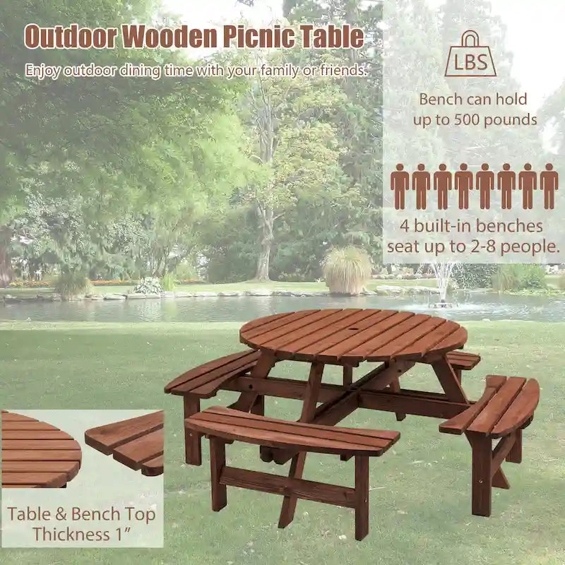 8-Person Outdoor Patio Fir Wood Round Picnic Dining Set with 4 Built-in Benches and Umbrella Hole – Image 9