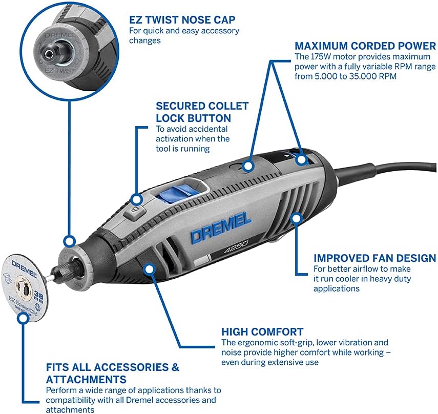 Dremel 4250 Outil Rotatif Multifonction 175W avec 3 Adaptations 35 Accessoires Vitesse Variable & Coffret de 150 accessoires Dremel pour outils rotatifs pour graver, découper, poncer, meuler – Image 3