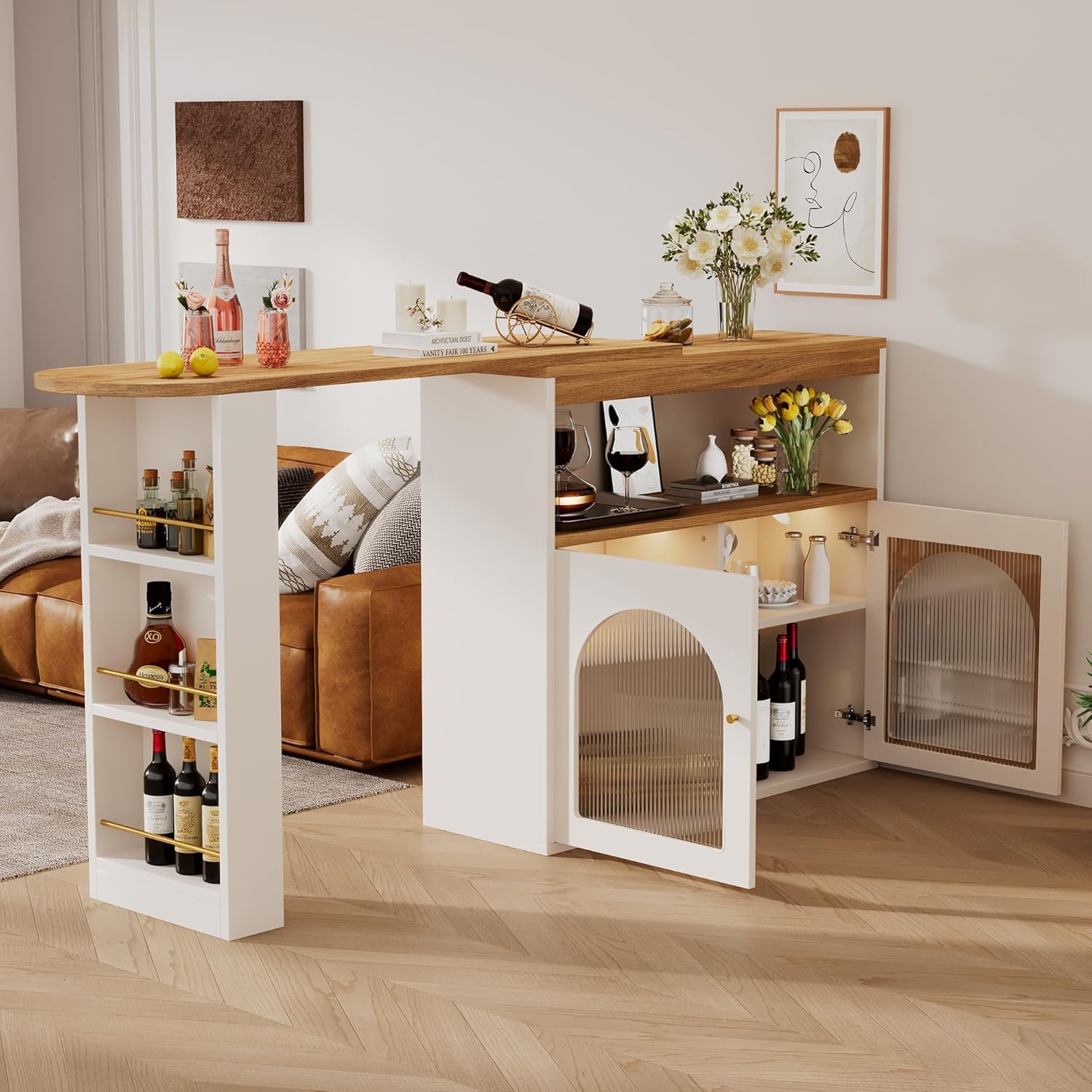Table de bar extensible avec espace de rangement, table de bistrot avec 2 portes en verre, rotation libre à 360 °, étagères réglables, petite table de cuisine, table haute pour bar de maison, 138-193 – Image 9