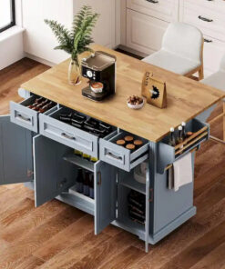 Alternative view of 54  Large Kitchen Island with Rubber Wood Drop Leaf, Embossed Texture Rolling Kitchen Cart on 4 Wheels with 4 Doors & 3 Drawers