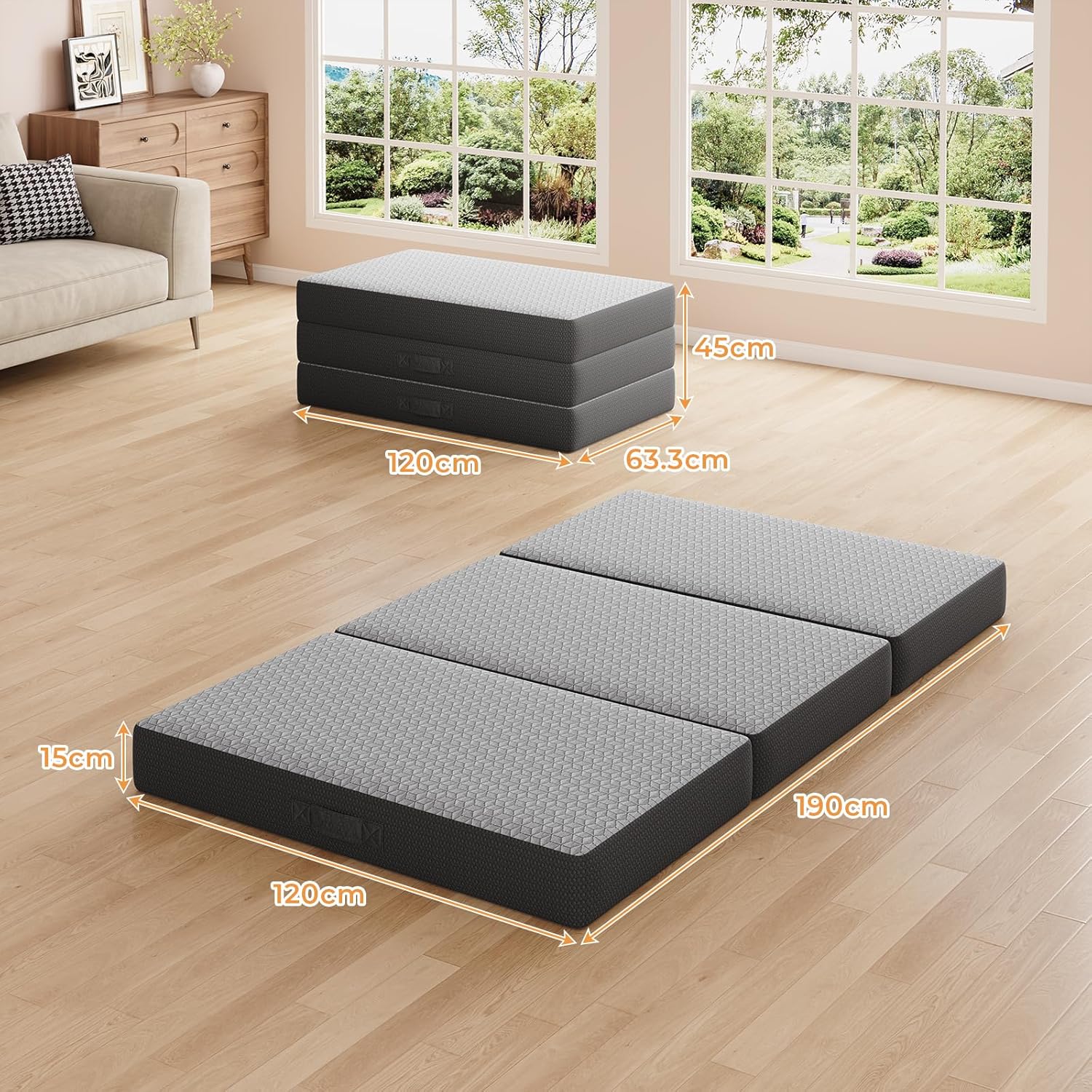 Vesgantti Matelas Pliable 120x190x15 cm avec Sac de Transport, Matelas d’Appoint Adulte en Mousse à Mémoire de Forme Gel, Lit Pliant pour Camping, Voyage, Voiture et Invités, Gris – Image 2