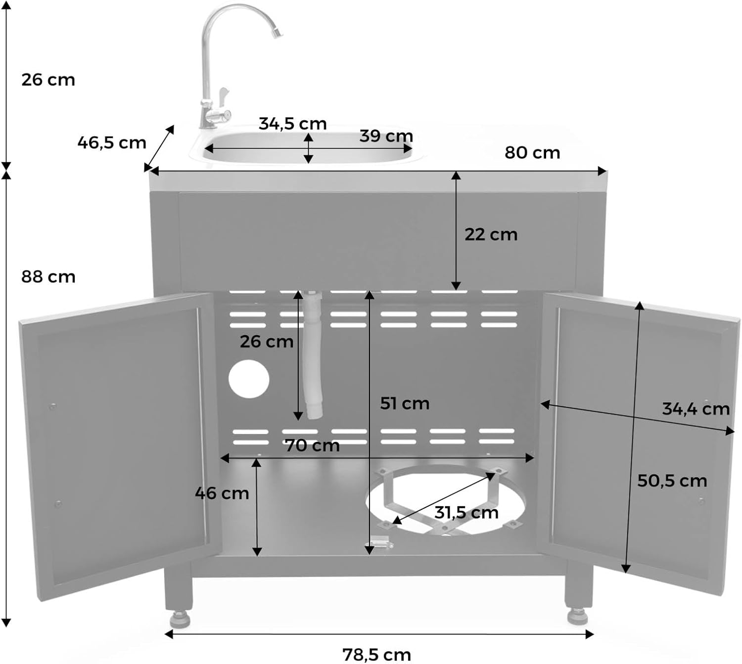 sweeek - Meuble de Cuisine extérieure en Acier avec évier L80cm – Image 3