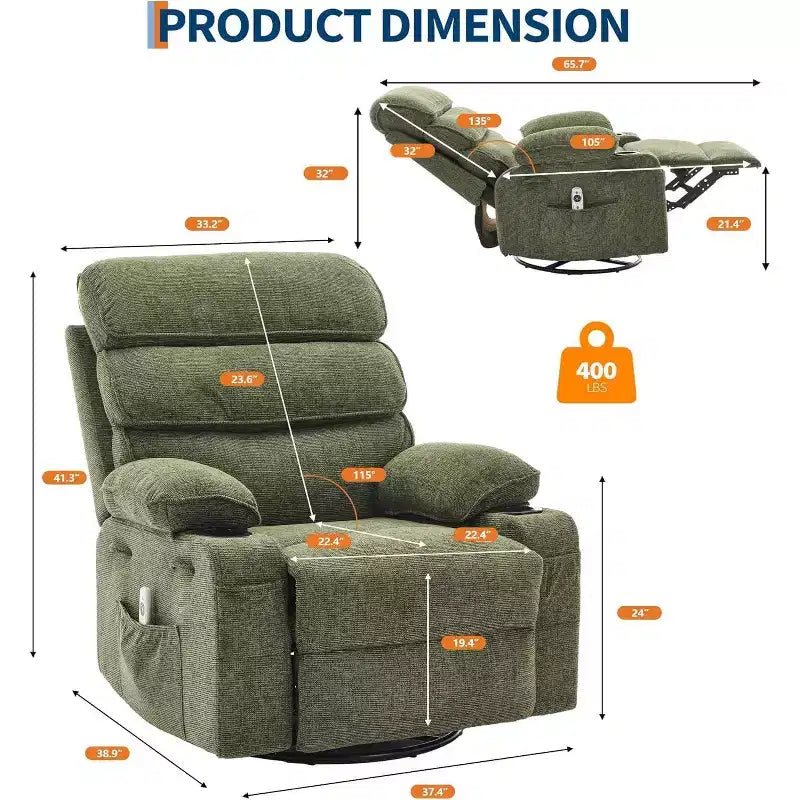 Massage Rocker Recliner with Heating, 360 Swivel Glider Recliner Chairs for Adults, Linen Nursery Chair with Side Pocket, Two Cup Holders – Image 10