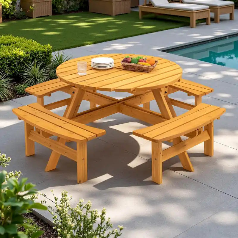 8-Person Outdoor Patio Fir Wood Round Picnic Dining Set with 4 Built-in Benches and Umbrella Hole – Image 14