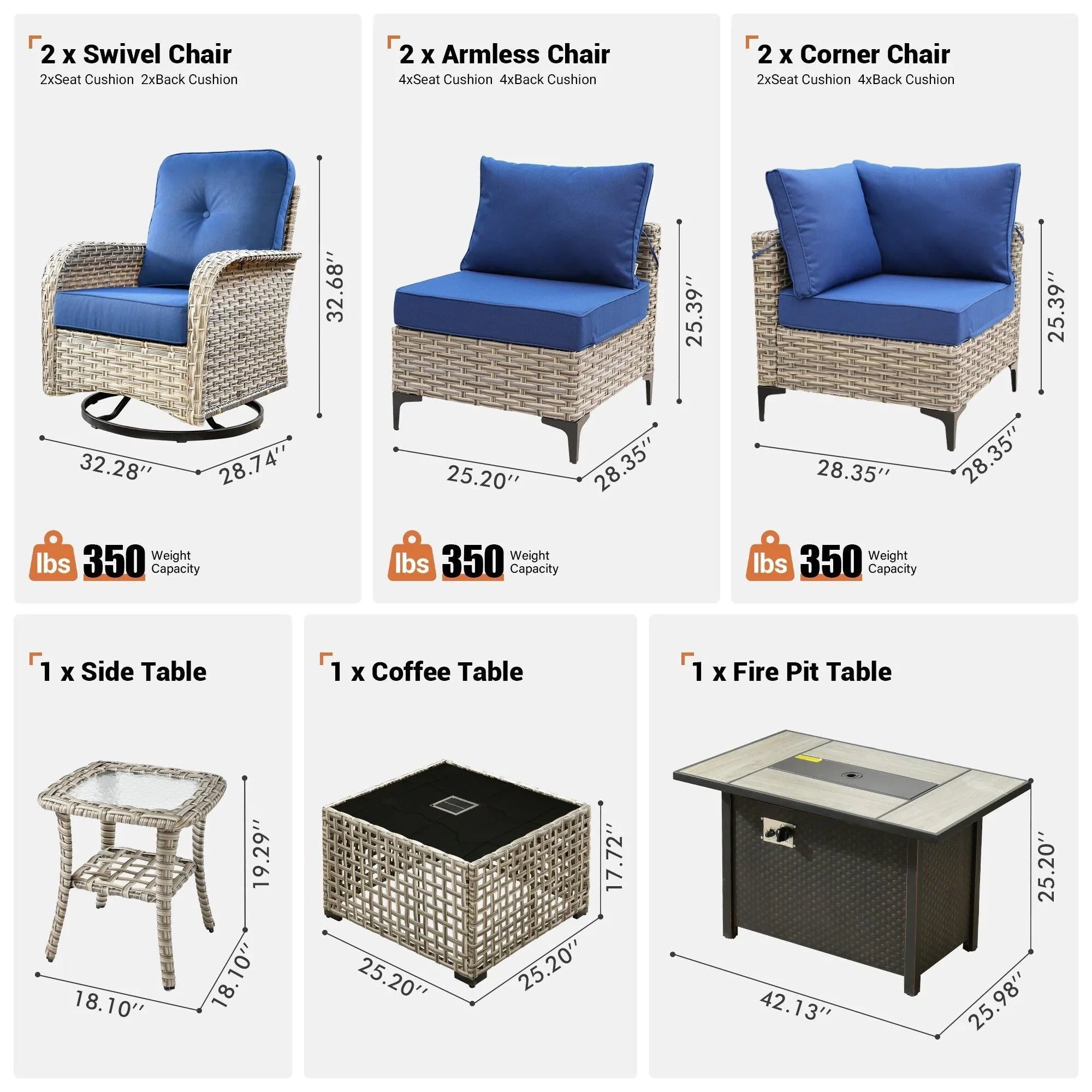OVIOS 9 Pieces Outdoor Wicker Swivel Chair Set With Fire Table – Image 40