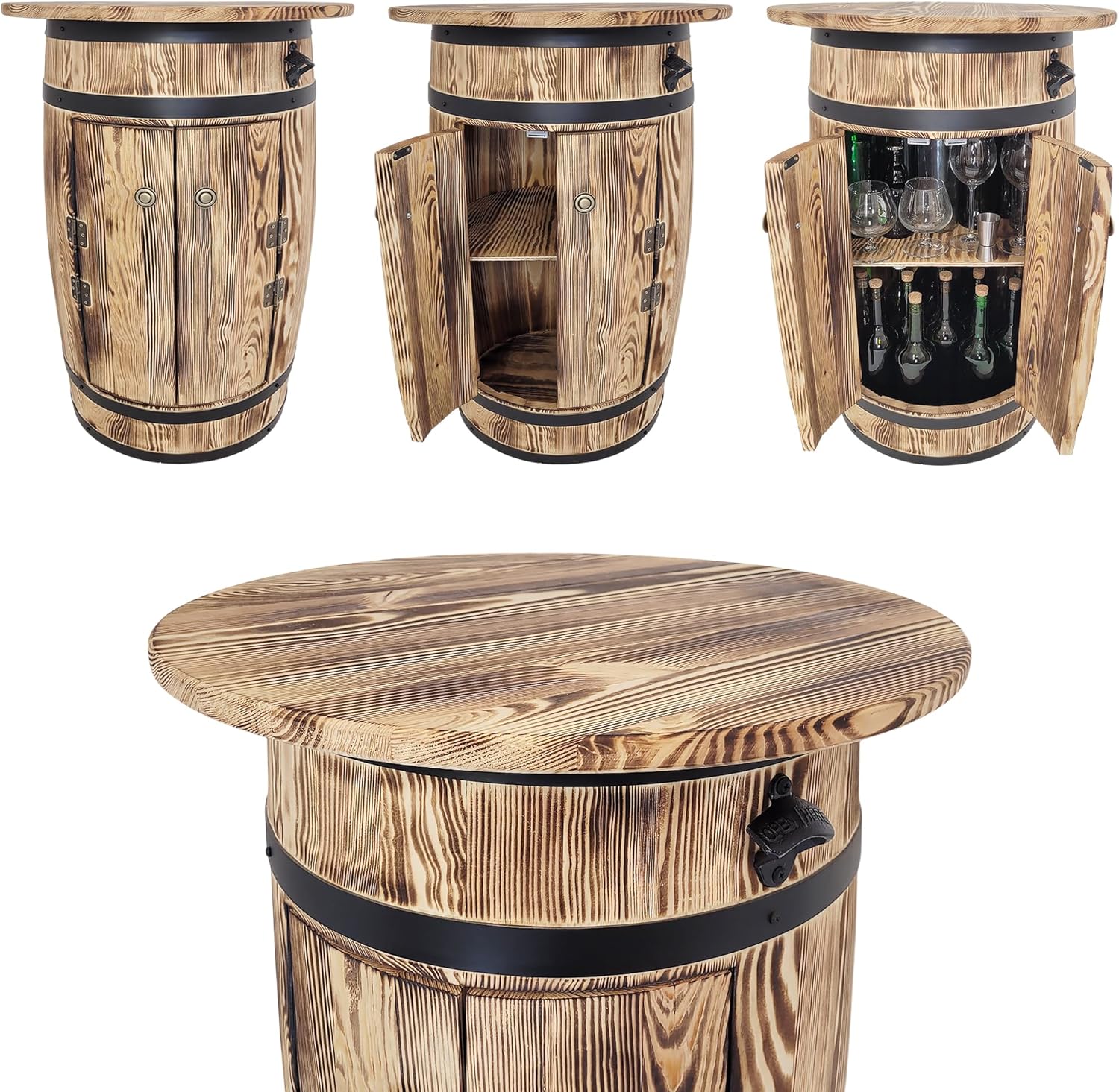 weeco Baril en bois avec étagères et portes pour ranger l'alcool - Meuble de bar avec grande surface de rangement pour 30 à 40 bouteilles - Casier à vin - 80 x 55 x 44 cm - Marron clair – Image 4