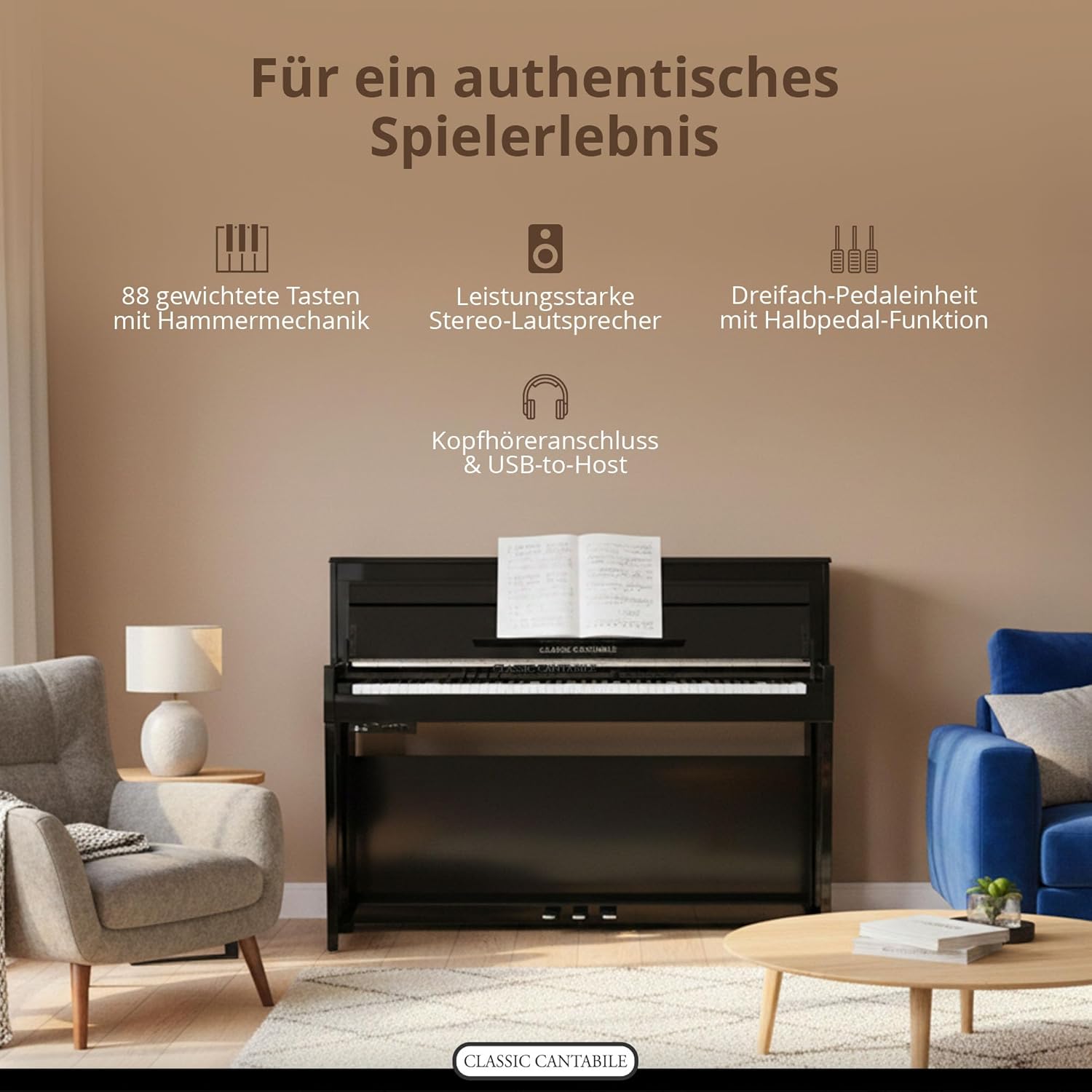 Classic Cantabile UP-1 SM Piano Droit Numérique - 88 Touches Clavier électronique à marteaux - Synthetiseur avec USB, MIDI, 40 voix, 256 polyphonie - Set avec Banc et Casque - Noir Mat – Image 4