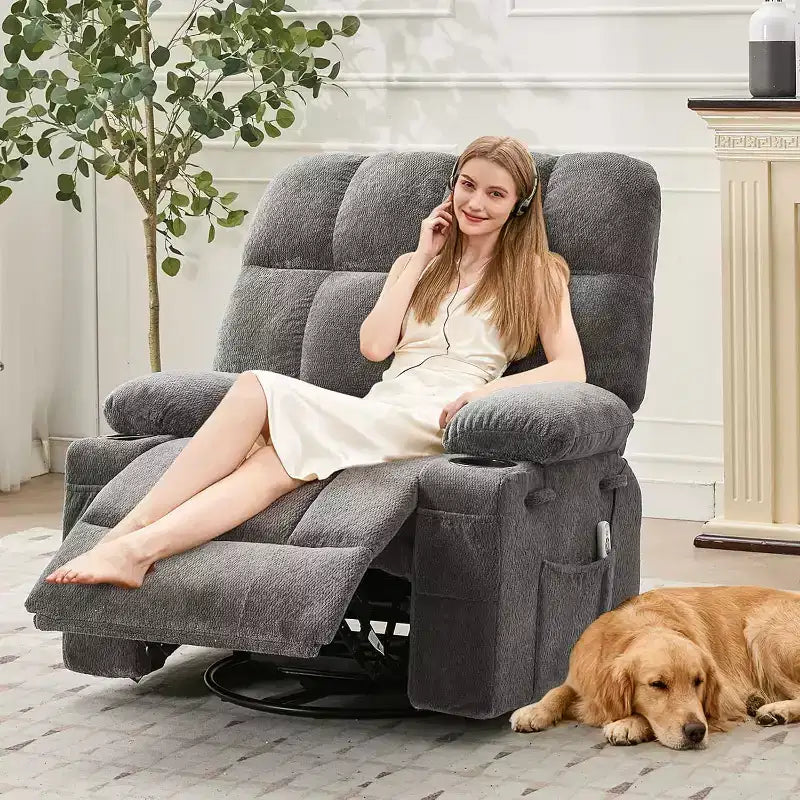 Oversized Recliner Chair for Adults, Manual Swivel Rocker Sofa, Side Pockets & Cup Holders for Big and Tall Persons, Living Room – Image 11