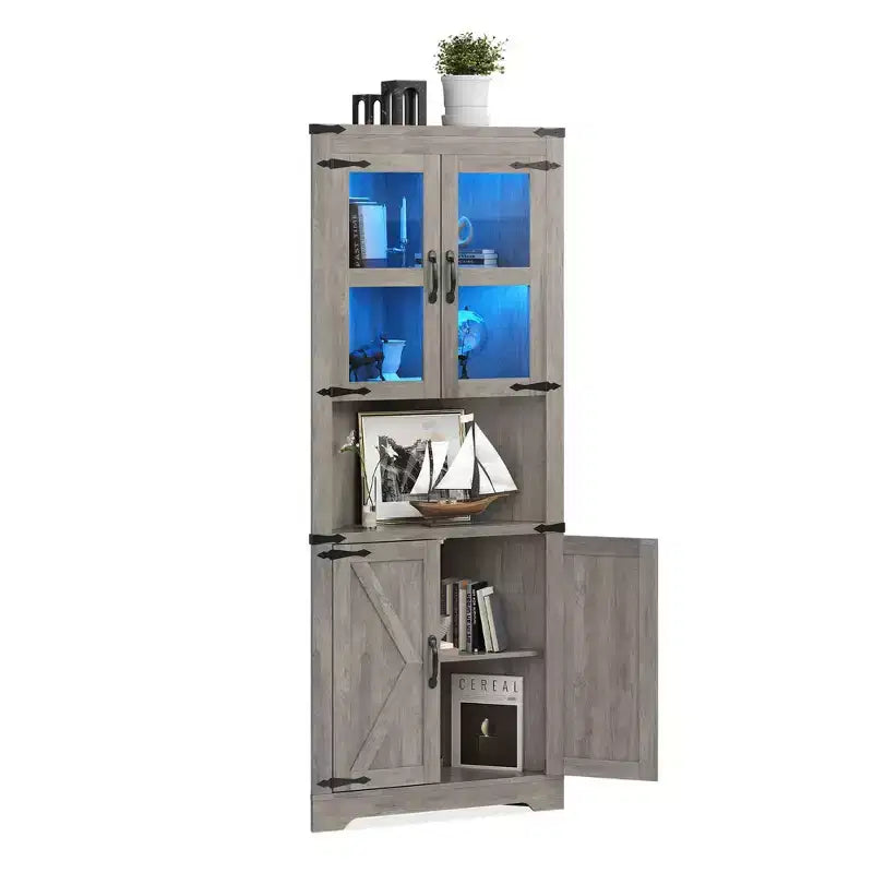 67 in Tall Corner Storage Cabinet with Lights, Farmhouse Corner Hutch Display Cabinet with Glass Doors, Wooden Storage Organizer for Kitchen, Bathroom – Image 16