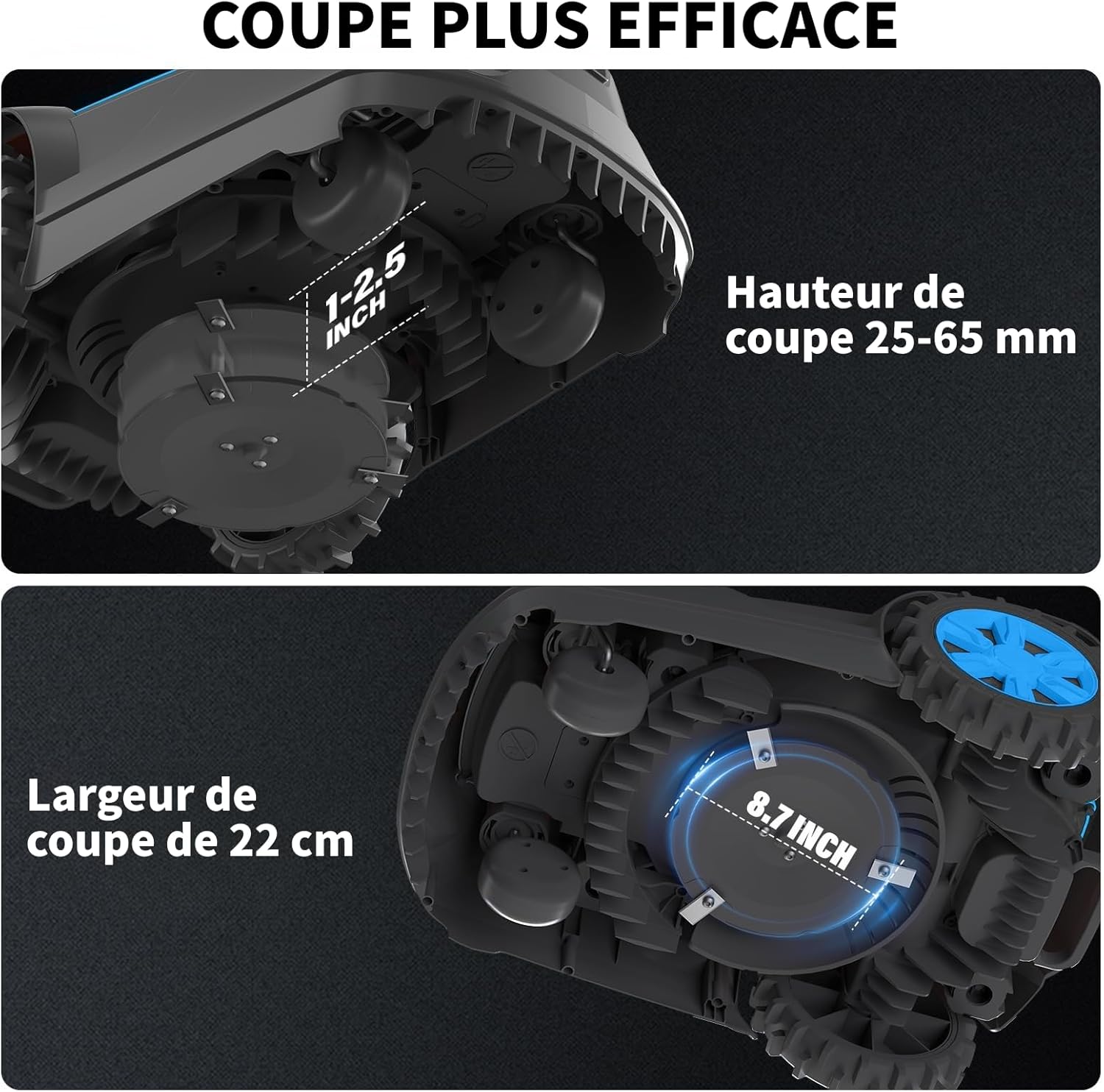 LEADZM Robot Tondeuse sans Fil Automatique 1200m² - Recharge Auto, Contrôle App Bluetooth/Wi-FI, Hauteur de Coupe 25-65 mm, Largeur de Coupe de 220 mm, Pente 47%, Étanche IPX5 – Image 3