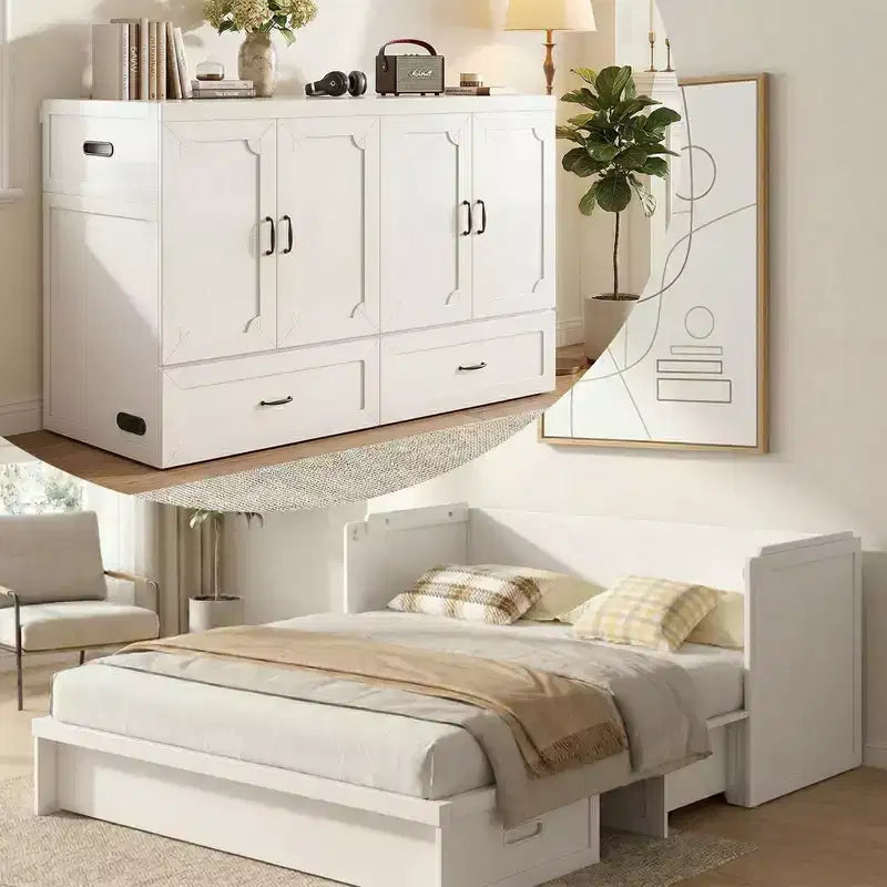 Mjkone Queen Size Convertible Murphy Cabinet Bed with Mattress, USB Charging, Storage Drawers – Image 22