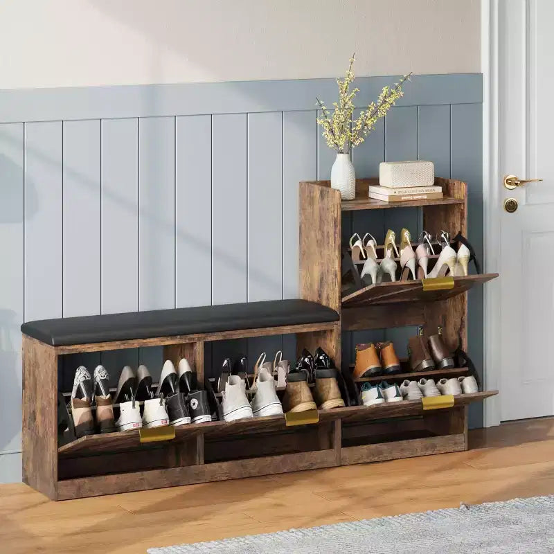 Shoe Storage Cabinet with Bench & 4 Flip Drawers - Narrow Entryway Organizer for 35-40 Pairs – Image 21