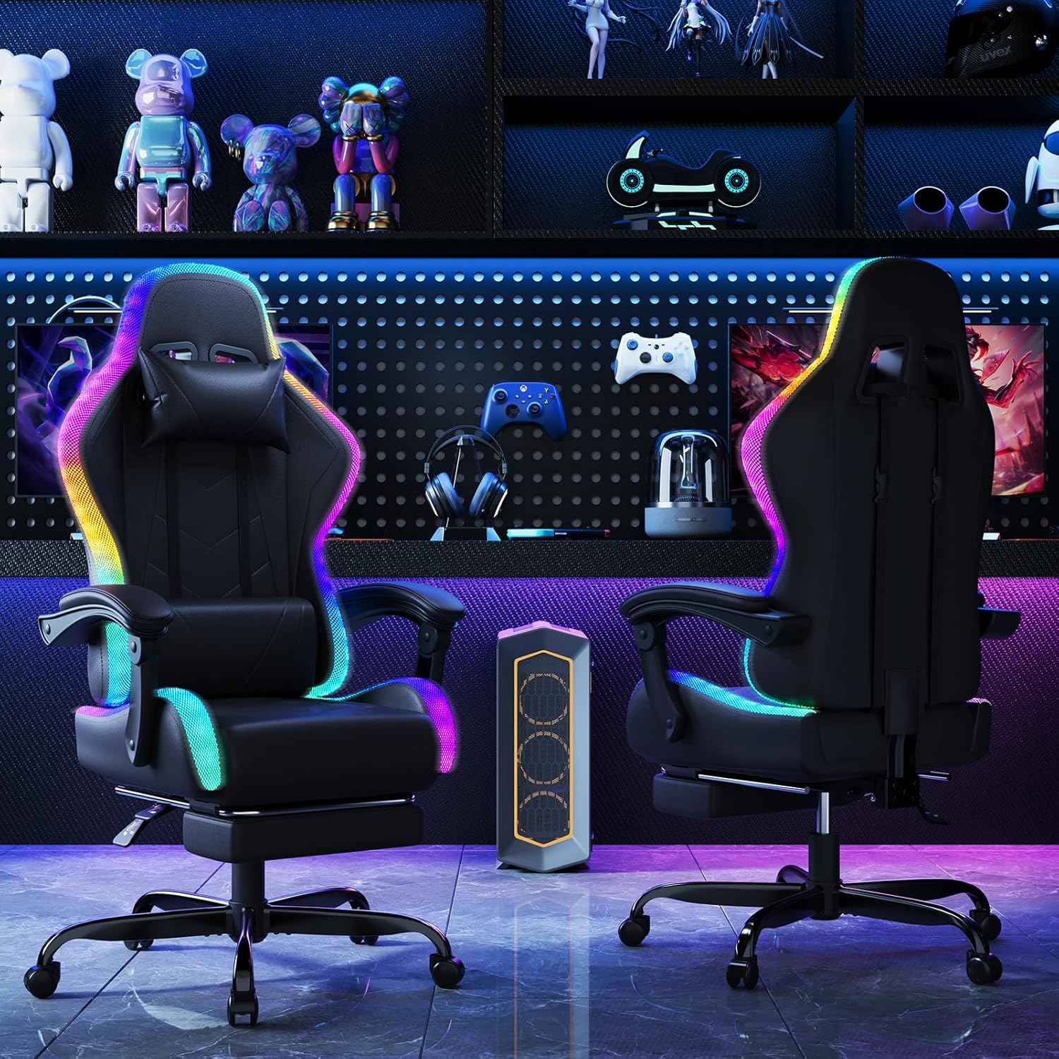 Devoko Chaise Gaming Ergonomique avec LED RGB, Massage Lombaire & Repose-Pieds – Fauteuil Gamer avec Appui-tête réglable – Dossier inclinable & Hauteur Ajustable – 180 kg – Noir – Image 3