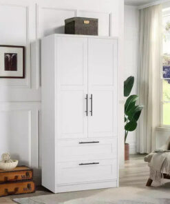 2-Door Wooden Wardrobe with 2 Drawers and Shelf for Hanging Clothes, Freestanding Bedroom Storage Cabinet for Bedroom Living Room