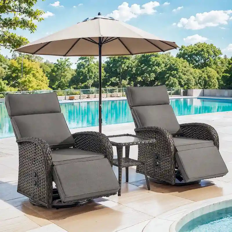 Pocassy 3PCS Versatile Outdoor Recliner Chair with Side Table Grey Cushion – Image 2