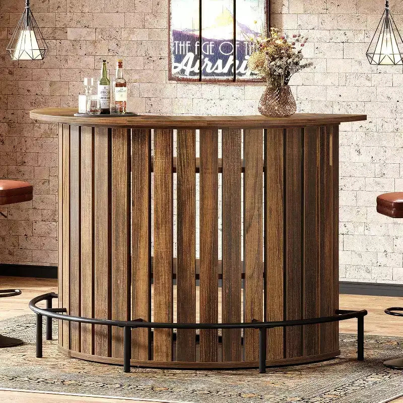 Lantine 4-Tier Bar Table, 39.4 H with Footrest, Arc-Shaped, Modern Wine Bar Cabinet for Home Pub, Living Room, Rustic Brown. – Image 3