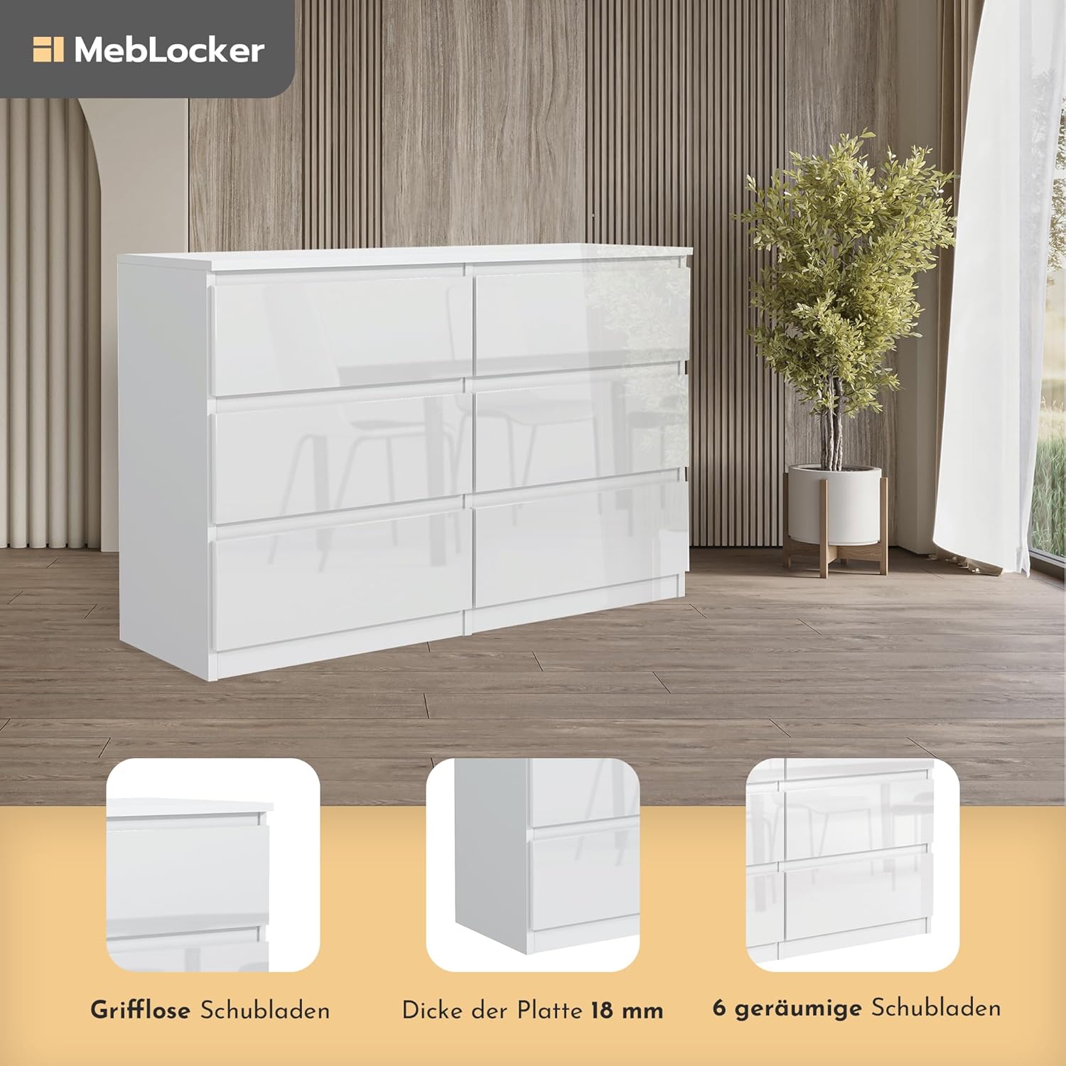MebLocker Commode 6 Tiroirs Brillance Blanche 120 cm - Design Minimaliste - 120 x 39 x 78,5 cm - Meuble de Rangement Spacieux pour Chambre, Salon ou Bureau – Image 4