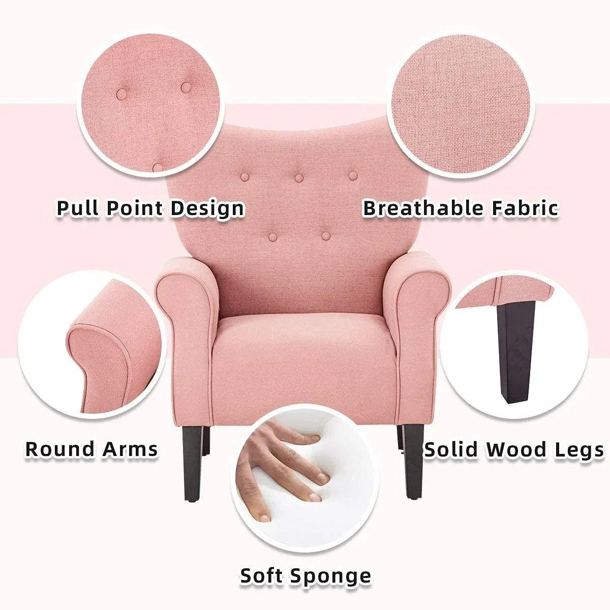 Erommy Modern Accent Chair, High Back Armchair, Upholstered Fabric Button Single Sofa with Wooden Legs for Living Room – Image 71
